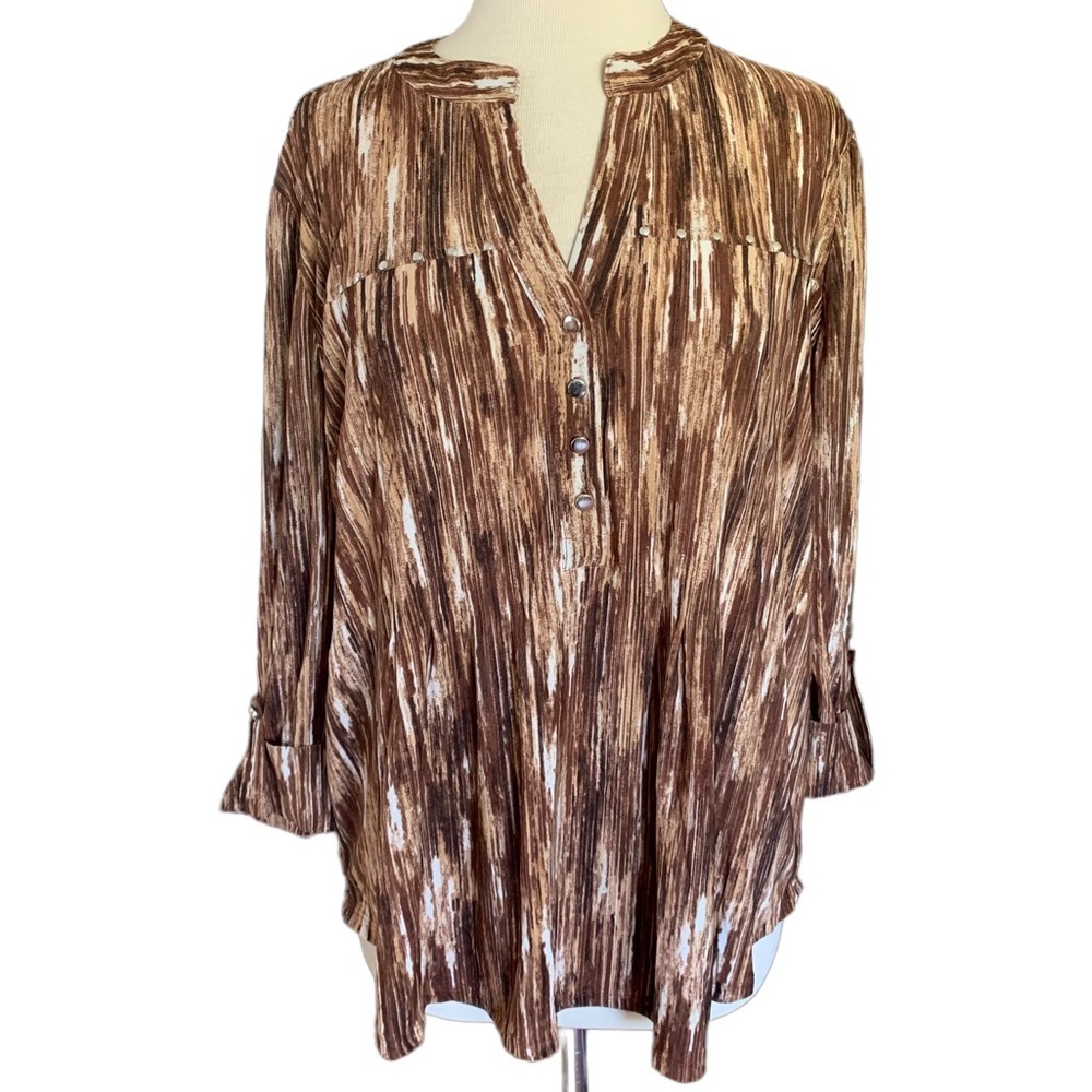 COCOMO XL Brown White 3/4 sleeve women's Pintuck Blouse top shirt